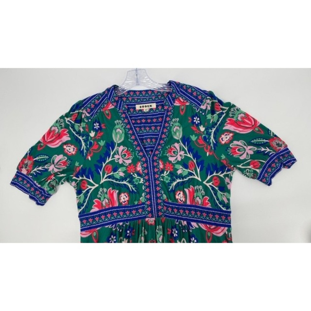 Boden Lily Jersey Maxi Tea Dress Womens 12P Green Floral V-Neck Pockets Boho - Picture 3 of 16